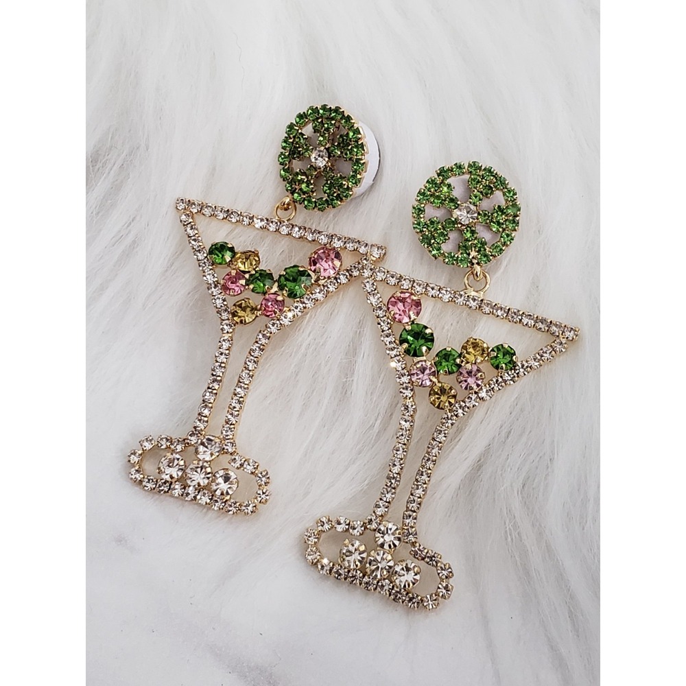 Margarita Cocktail Rhinestone Dangle Earrings 1.5x2.5in Tropical vacation